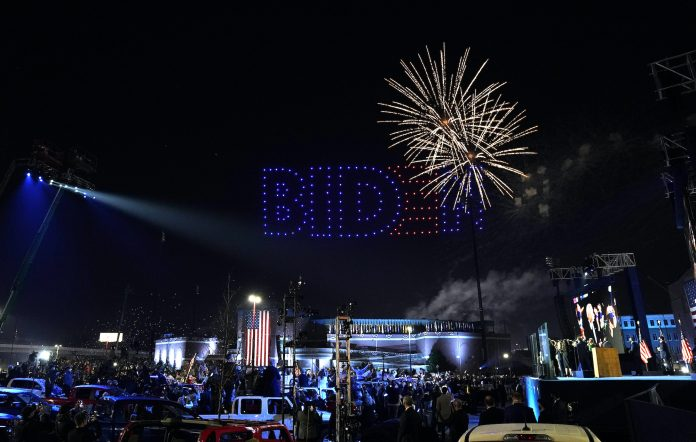 President-elect+Joe+Biden+and+family+watch+fireworks+from+the+stage+after+Bidens+victory+speech+on+November+07%2C+2020%2C+in+Wilmington%2C+Delaware.