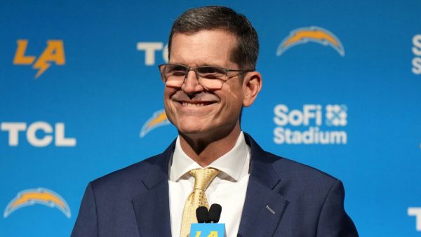 Feb 1, 2024; Inglewood, CA, USA; Los Angeles Chargers coach Jim Harbaugh speaks at an introductory press conference at YouTube Theater at SoFi Stadium. Mandatory Credit: Kirby Lee-USA TODAY Sports